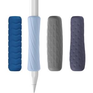 ELETIUO Pencil Grip 4-Pack Silicone Sleeve Cover Compatible with Apple Pencil Pro/USB-C/2nd Gen- Ergonomic Grip Holder with 4 Textures for Writing & Drawing, Protective Case, 4 Colors (Dark grey,Light grey,Dark blue,Light blue)