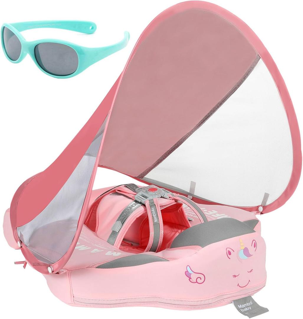 Mambobaby Float with Canopy and Tail New Upgraded Non-Inflatable Baby Pool Float Mambo Float Swim Trainer Solid Infant Swim Float Adjustable Pearl Foam Baby Swim Ring (Cloth Unicorn Pink)