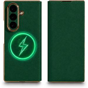 Galaxy Z Fold 6 Case Magnetic Flip Folding Case Compatible with MagSafe, Genuine Leather Slim Cover with Hinge Protection, Military-Grade Drop Protection (Green)
