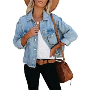 LONGBIDA Women's Jean Jacket Frayed Washed Button Up Cropped Denim Jacket With Pockets (Large, Light Blue)