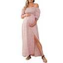 Floral Maternity Dress for Photoshoot Baby Shower, Square Neck Puff Sleeve Maternity Boho Smocked Pregnancy Dresses Pink, 2XL