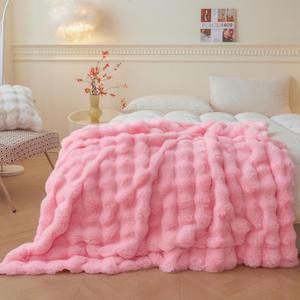 LIFEREVO Luxury Fluffy Faux Rabbit Fur Blanket, Plush Fuzzy Bubble Waffle Throw Couch Sofa, Cozy Comfy Furry Bed Blanket Home Decoration, Aesthetic Shaggy Throw for Bedroom Living Room, 60x90, Pink
