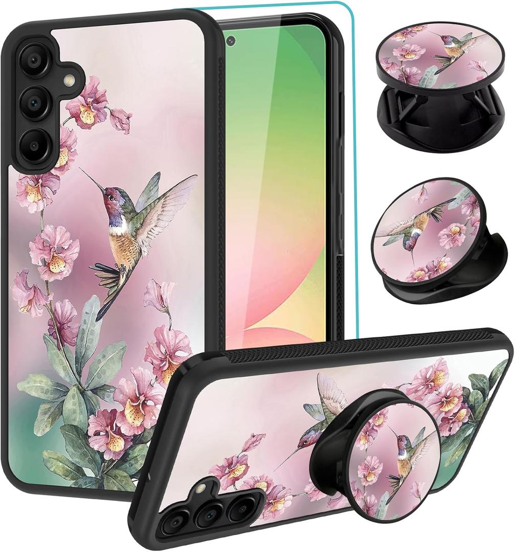 SAKUULO Compatible with Samsung Galaxy A56 5G Case, [Screen Protector + Kickstand] Pink Hummingbird Cute Design,Tire Texture Anti-Slip Shockproof Ultra Thin Protective Case 6.7inch