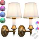 Phansthy Battery Operated Wall Sconce Set of 2, Rechargeable Wall Lights with Dimmable Bulbs and Remote, 12 RGB Colors Wireless Antique Gold Wall Lamps (White Shade, Battery Operated (2 Pack))