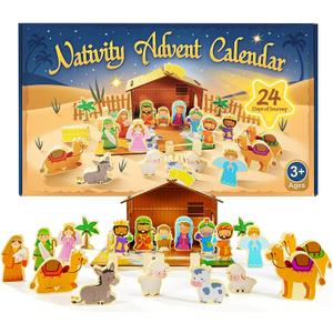 Nativity Advent Calendar for Kids, 24 Day Wooden Nativity Scene for Toddlers with 19 Wooden Figurine and Stable Christian Countdown Gifts for Kids