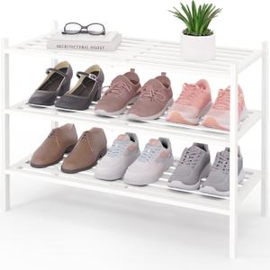 Smiry Bamboo Shoe Rack, 3 Tier Free Standing Wooden Shoe Organizer, Stackable Wood Shoe Storage Shelf for Closet, Entryway, 5 Horizontal Slats, 26.8"x11"x18.3", White