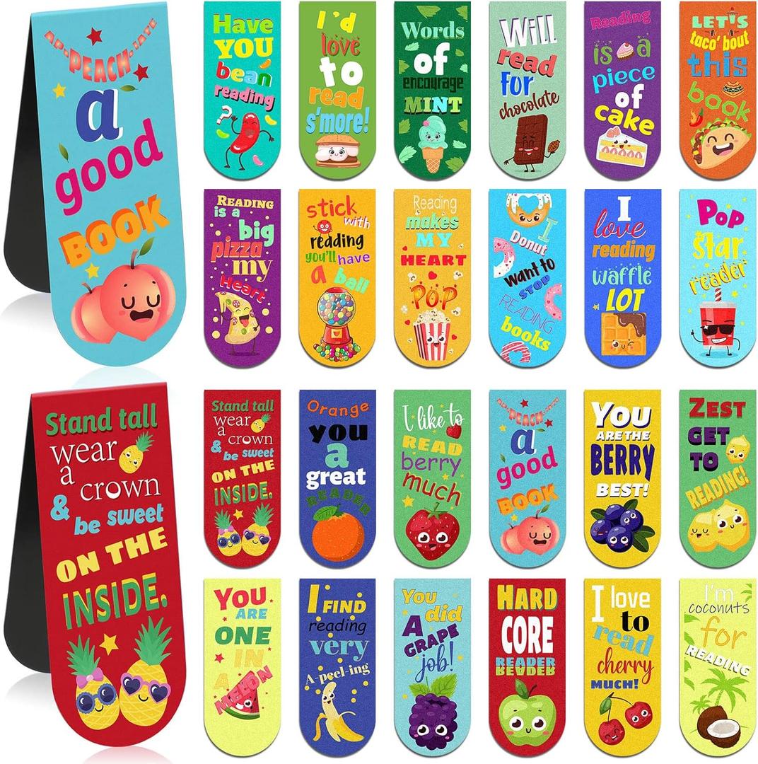 48 Pack Scented Bookmarks Magnetic Scratch and Sniff Fruit Food Bookmarks for Kids Cute Page Markers with Sayings for Kids Students Teens Teachers(Mixed Flavor)