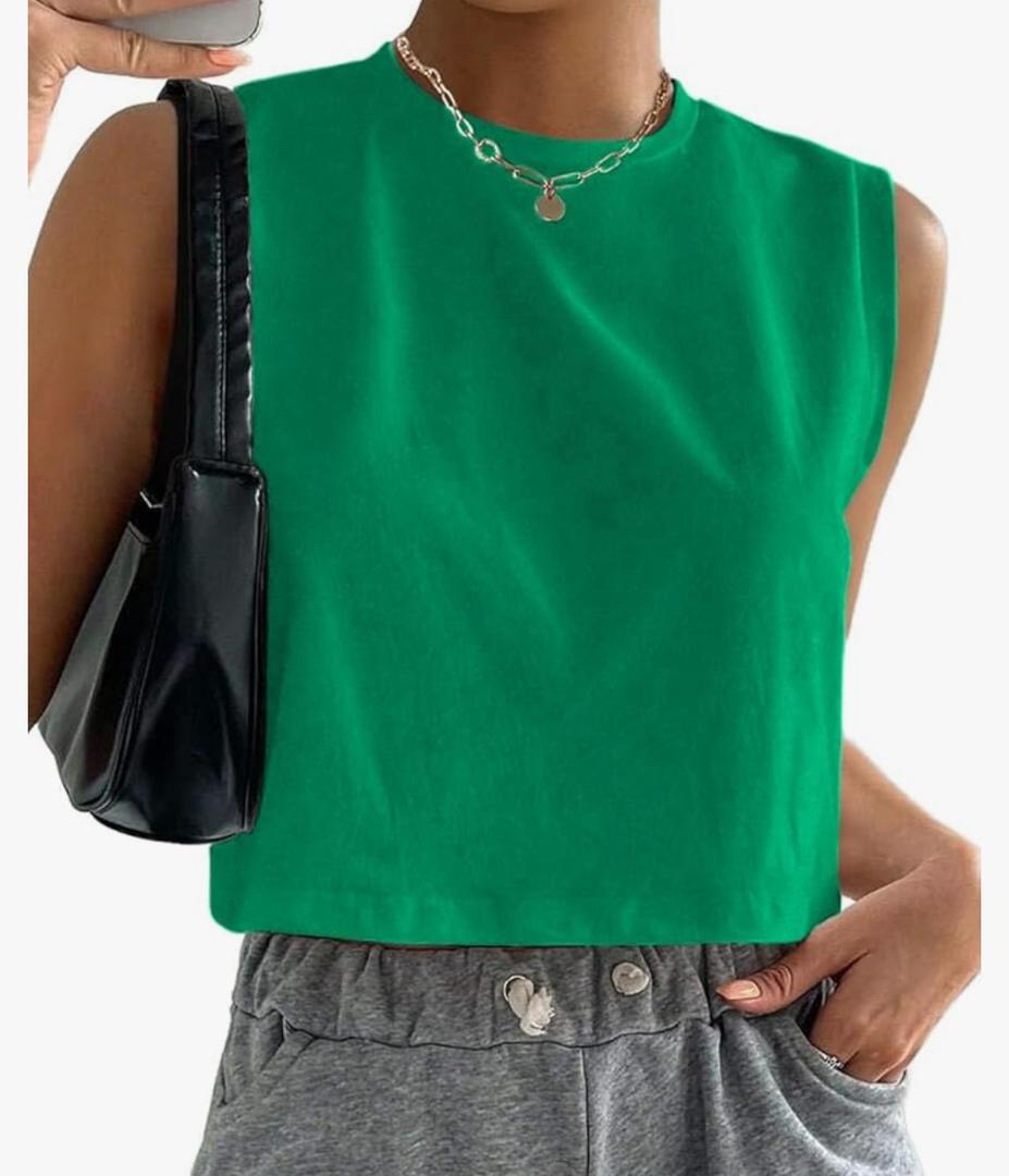 Hilinker Womens Crew Neck Loose Crop Tank Tops Workout Casual Sleeveless T-Shirt M