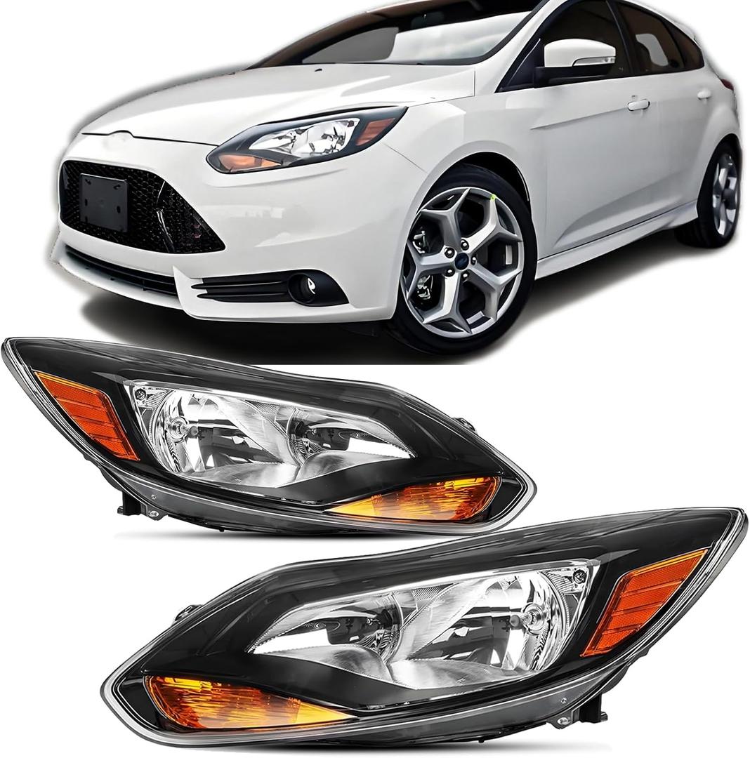 Headlights Assembly for 2012 2013 2014 Ford Focus Halogen Head light Headlamp, Bulb Include, Black Housing Amber Corner