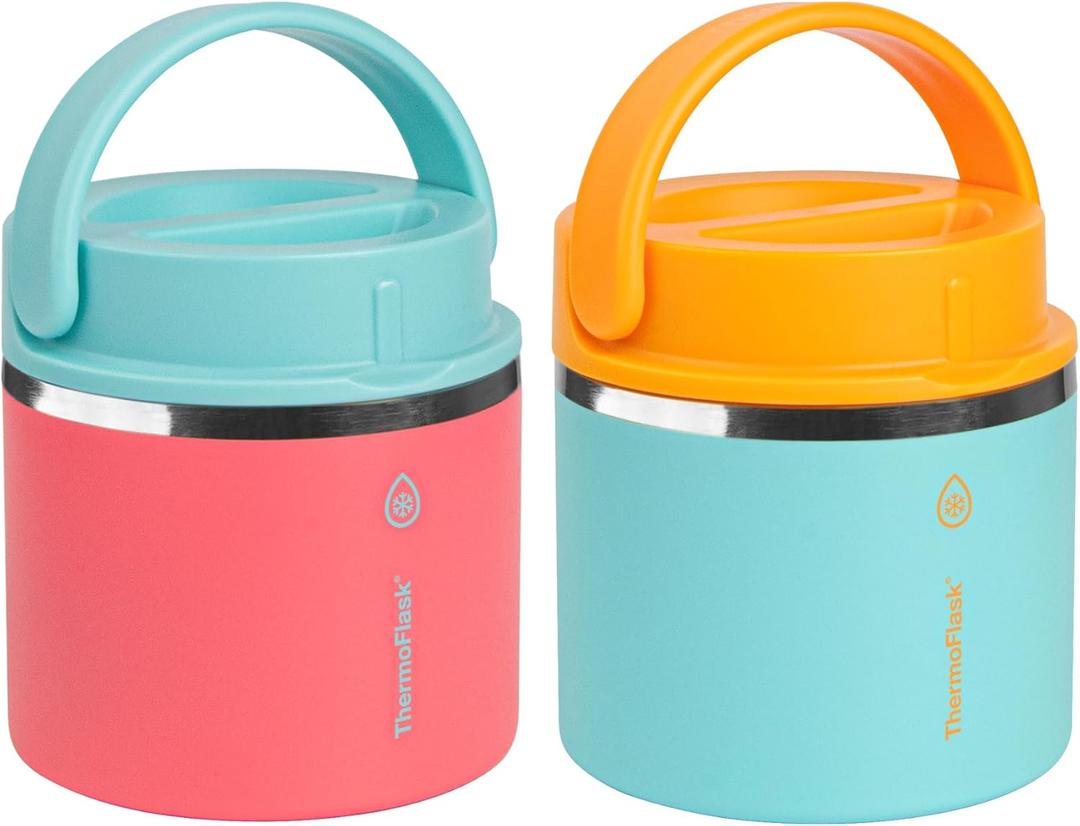 ThermoFlask 20 oz Double Wall Insulated Food Jar, 2-Pack, Sugar Coral + Maui Blue/Maui Blue + Sunrise