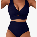 Herseas Women's Textured Bikini Sets Twist Front Top Swimsuits High Waisted Bathing Suits, Navy Blue, M