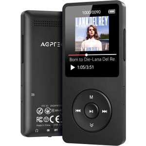 AGPTEK A02 MP3 Player with Bluetooth 5.3, 1.8 inch Screen Portable Music Player with Speaker, FM Radio, Voice Recorder, Supports Expanded Up to 128GB(Black, 64GB)