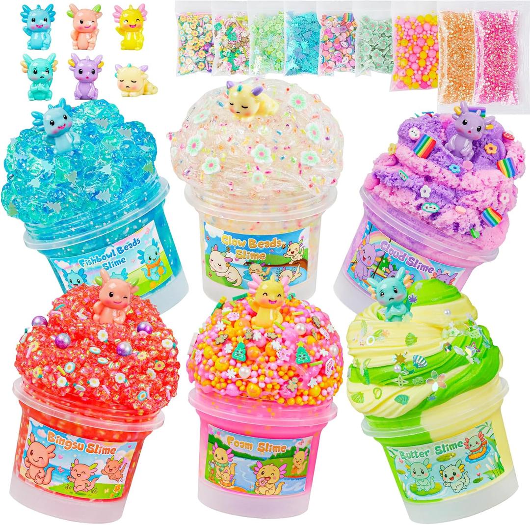 Axolotl Slime Kit 6100ml (20oz Total) - Slime Variety Pack with Different Textures & Axolotl Charms, Glow in The Dark Slimes, Crunchy Slime, ASMR, Birthday Party Favor, Axolotl Fidget Toys