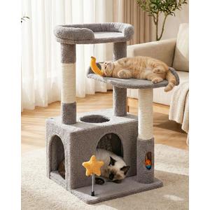 32In Cute Cat Tower for Indoor Cats with Cat Condo, Plush Platform, Hammock, Sisal Scratching Posts, Dangling Ball, Tall Cat Tree Tower with Self-Grooming Brush (Light Grey)