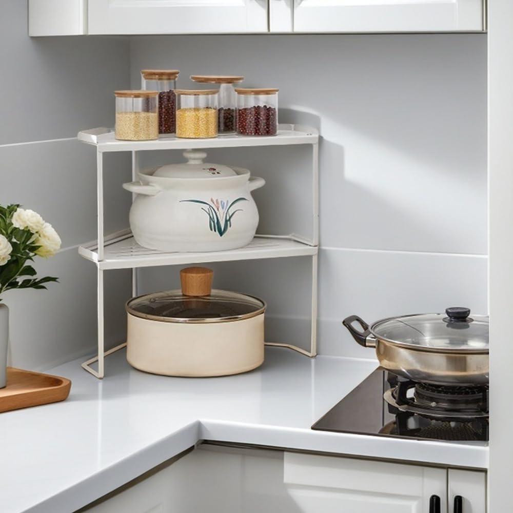 Stackable Metal Kitchen Cabinet Organizer,Kitchen Corner Shelf with Non-Slip Mat,Bathroom Organizer,Storage Shelf for Cabinet/Bathroom/Countertops/Utensils (White)