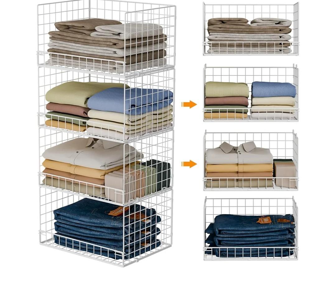 4-Tier Stackable Closet Organizers and Storage Basket, Foldable Closet Shelf Organizer System, Space-Saving Clothes Storage Drawer Organizer for Wardrobe, White (Patent Pending)