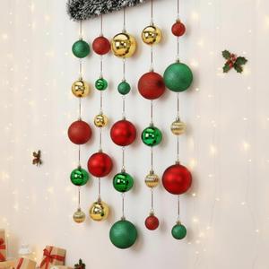25 Pcs Christmas Wall Hanging Decorations Set 2025 Christmas Plastic Balls with Artificial Pine Garland Multicolor Xmas Wall Ornaments for Home Ceiling Indoor Holiday Party Supplies Decor