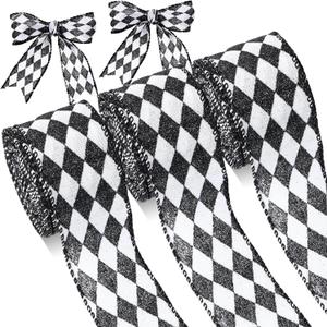 3 Rolls 30 Yard 2 Inch Christmas Black White Harlequin Ribbon Checkered Wired Ribbon Decorative for Xmas Fall Tree Wrapping Wreath Bouquet Crafts (Glitter Style)