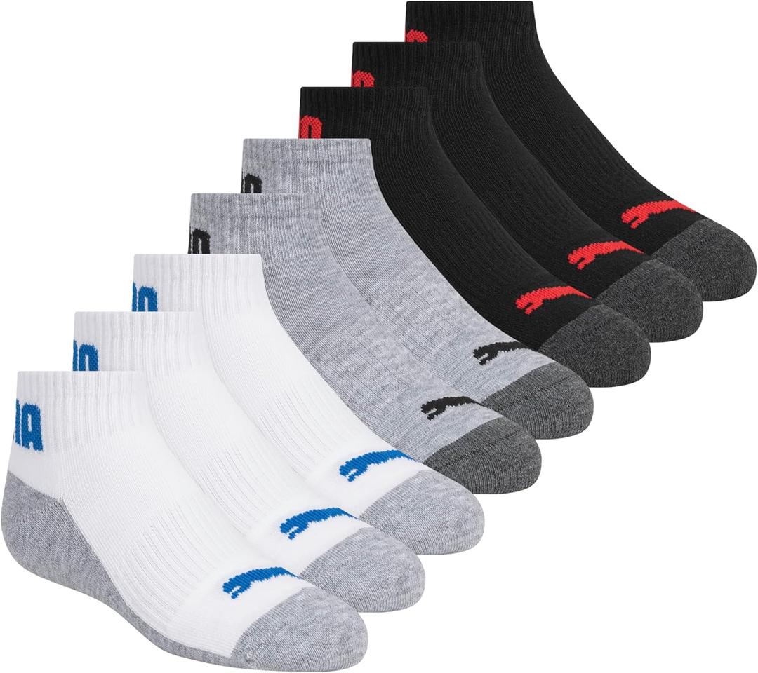 PUMA Boys' 8-pack Quarter Crew Socks, Everyday Wear for Kids, Extra Cushion & Arch Support (9-11, White/Light Heather/Black)