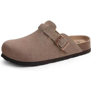 Genuine Suede Clogs for Women Men Soft Cork Footbed Leather Mules Comfort Potato Shoes with Arch Support (11.5-12 Women/10-10.5 Men, Mocha)