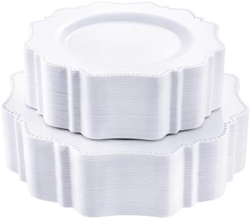 COLOSUS 100 pcs White Plastic Plates Set, Heavy Duty Disposable Plates include 50 Dinner Plates and 50 Dessert Plates, Plastic Disposable plates for Everyday Meals, Family Dinner, Picnic, BBQ and Party Use