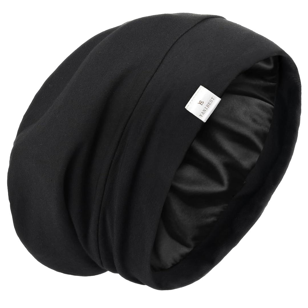 YANIBEST Slouchy Beanie Hat Satin Lined Sleep Cap Satin Bonnet Chemo Headwear Caps for Women and Men Pure Black (Medium)