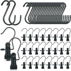 Knitgrip 36 Pcs Boot Hanger Clips and 36 Pcs Large S Hooks, Heavy Duty Single Clips for Pants Non Slip Rubber Coated 5.7 Inches Black Portable S Hanging Hooks for Closet Laundry Clothes Jeans Towels