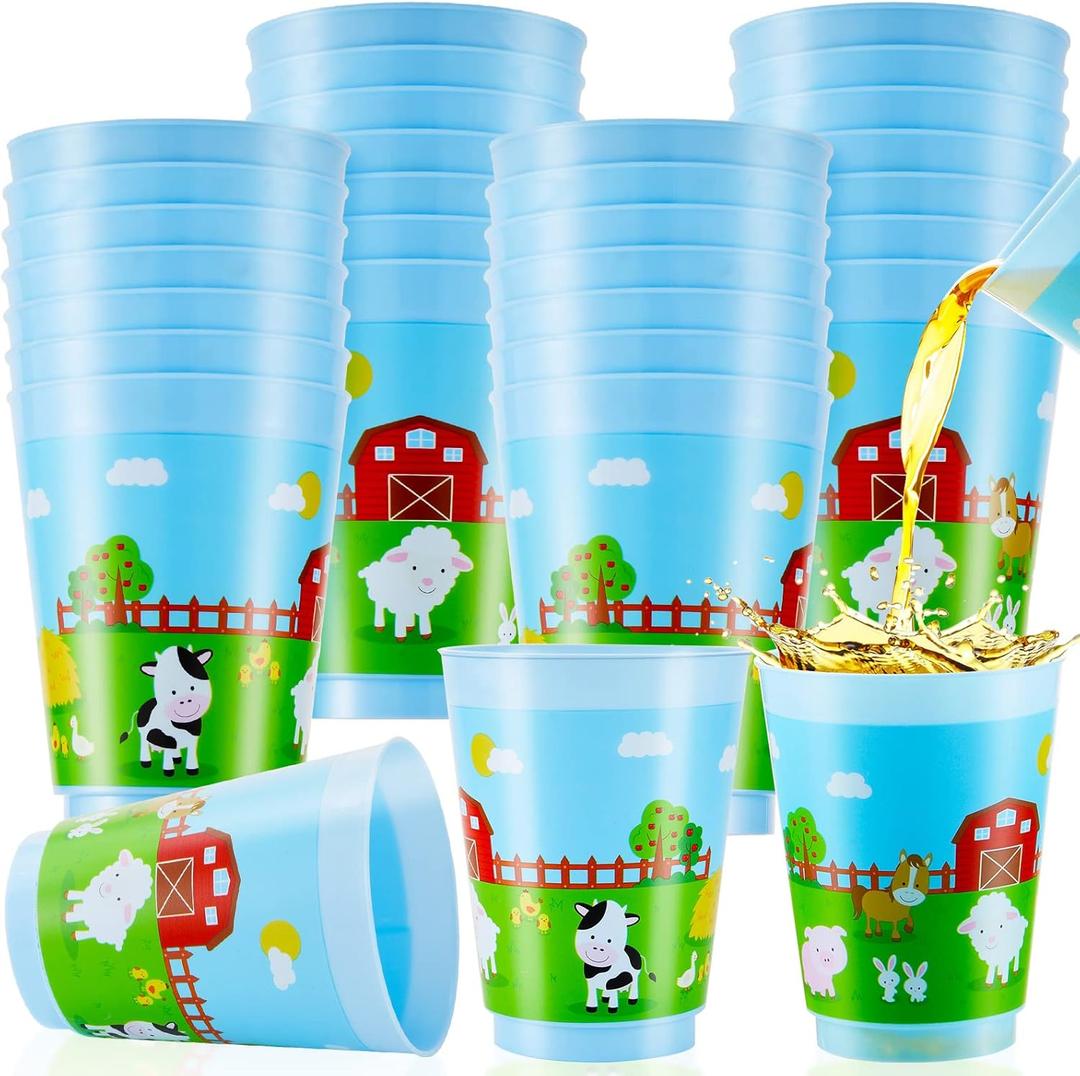 Tessco 24 Pieces Farm Animal Cup for Kids Farm Animals Plastic Blue Animal Drinking Cups 16 oz Plastic Reusable Kids Race for Birthday Party Decorations Supplies