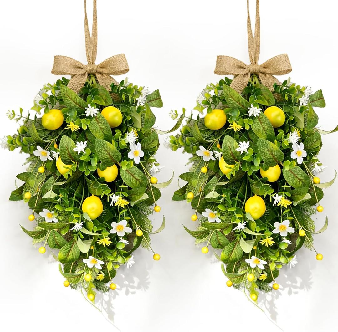 2 Pack 22'' Lemon Swag Wreaths for Cabinets Spring Summer Teardrop Wreath with White Daisy Flowers Artificial Lemon Teardrop Wreath with Bow for Farmhouse Front Door Porch Window Wall Hanging Decor