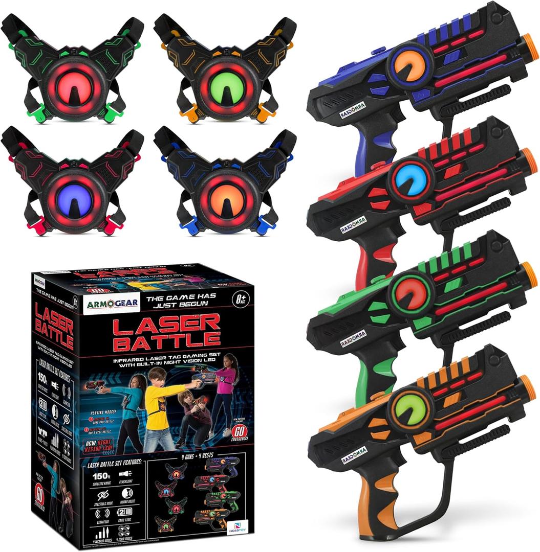 ArmoGear Laser Tag Guns with Vests Set of 4 - Multiplayer Outdoor Games for Kids and Adults - Kids Toys for Indoor/Outdoor Fun - Toy Guns for Boys and Girls - Family Game Set - Ideal Gift for Ages 8+ (4 Player Set (Battery Operated))
