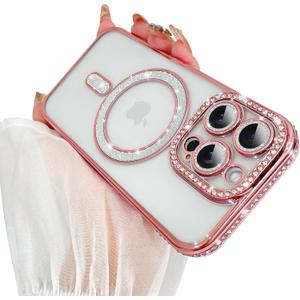 SAKUULO Magnetic Case for iPhone 16 Pro 6.3inch Clear Plating,Pink | Compatible with MagSafe,Glitter Sparkly Diamonds Rhinestone with Camera Protector Slim Shockproof Protective Women Girls