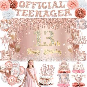 13th Birthday Decorations for Girls – 53pcs Official Teenager Decorations Backdrop, Banner, Honeycomb Centerpieces, Hanging Swirls, Foil & Latex Balloon, Cake & Cupcake Toppers, Sash, Pom Poms