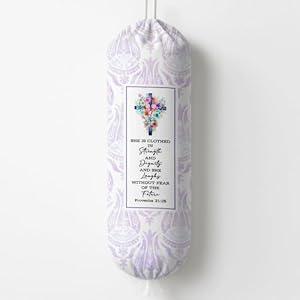 Plastic Bag Holder, Proverbs 31:25 Plastic Bag Holder, Reusable Trash Bags Dispenser, Christian Kitchen Gifts for Women Inspirational Plastics Bags Holders with Bible Verse