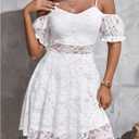 Women's Lace Flowy A Line Short Dresses Cold Shoulder Puff Sleeve Elegant Summer Dress (White, L)