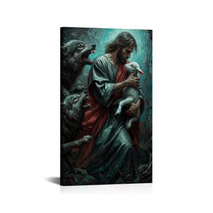 Stretched Canvas Wall Art with Wood Inner Frame, Jesus Protecting Lamb from Wolves Wall Decor, Christian Good Shepherd Religious Print, Inspirational Faith Artwork Ready to Hang for Living Room Bedroom Prayer Room