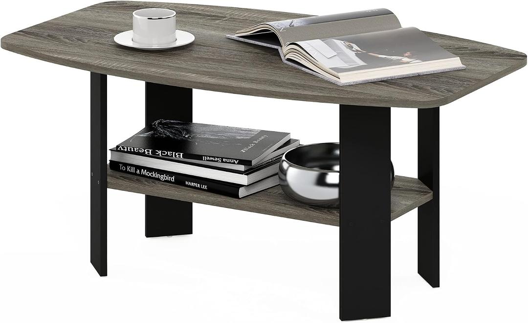 Furinno Simple Design Coffee Table, French Oak Grey/Black Small Side Table wih Open Shelf, Tabletop with Soft Edges, for Living Room, Home Office 21.6"D x 35.5"W x 15.7"H