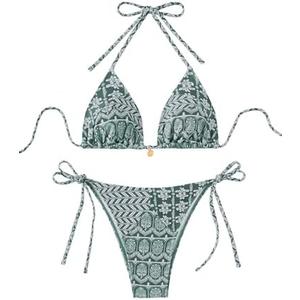 WDIRARA Women's 2 Piece Floral Print Swimsuits Geometric Halter String Triangle Bikini Set Beach Bathing Suit, XS