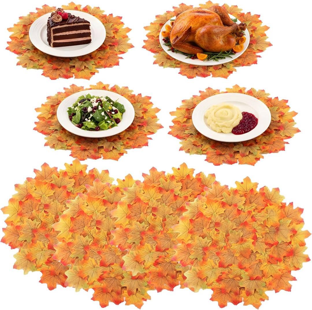 Bokon Thanksgiving Placemats Set of 8, 17.75 Inch 3D Round Lager Maple Leaf Placemats with Artificial Autumn Leaves for Thanksgiving Decoration Harvest Dinner Home Dining Table Holiday Wedding Party