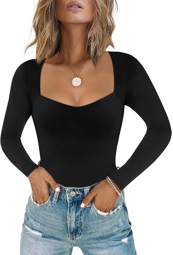 Chunpin Women's Bodysuit Long Sleeve Sexy Sweetheart Neckline Body Suits Double Lined Going Out Bodysuits, Small