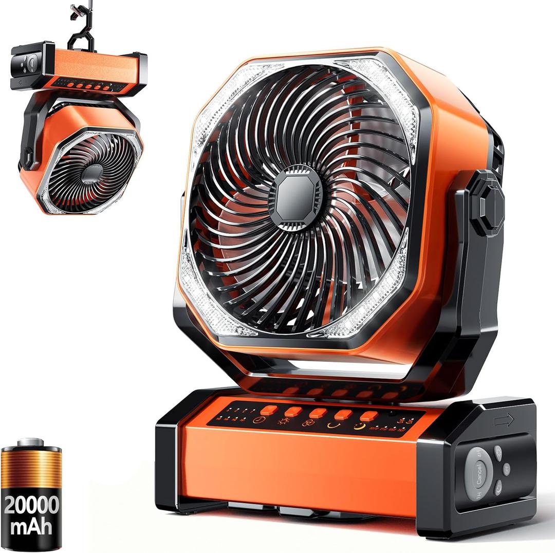 Camping LED Fan with Light, 20000mAh Rechargeable Battery Powered Outdoor Tent Fan with Light and Hook, 4 Speed, Personal USB Desk Fan for Camping, Fishing, Power Outage,Hurricane, Worksite (D12-Orange)