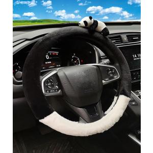 Dotesy Cute 3D Panda Auto Steering Wheel Cover, Fashion Cartoon Style Car Steering Wheel Cover Protector Fluffy Plush Soft Comfort Warm Universal for 36.5-38cm (Black White)