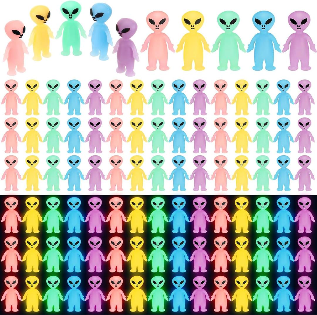 50 Colorful Mini Alien Figures Glow in The Dark Small Little Tiny Aliens Figurine for Space Party Favors Prank Rubber Easter Toys Bulk Gifts for Easter Goodie Bag Filler Piata Stuffers