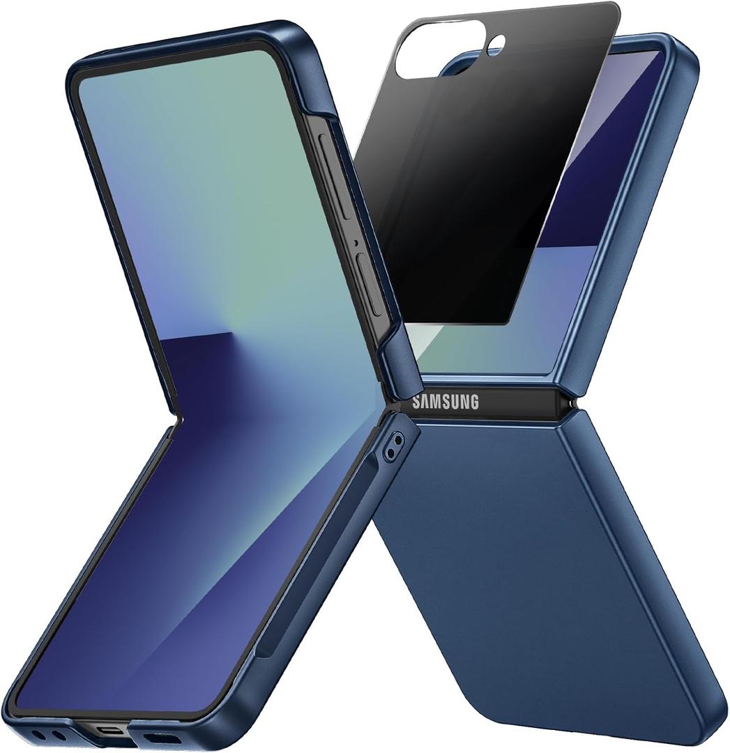 Ruky for Z Flip 7 Case with Privacy Screen Protector, Full Body Cover Anti-Scratches Shockproof Hard PC Ultra-Thin, Support Wireless Charging Protective Phone Cover for Samsung Z Flip 7, Dark Blue