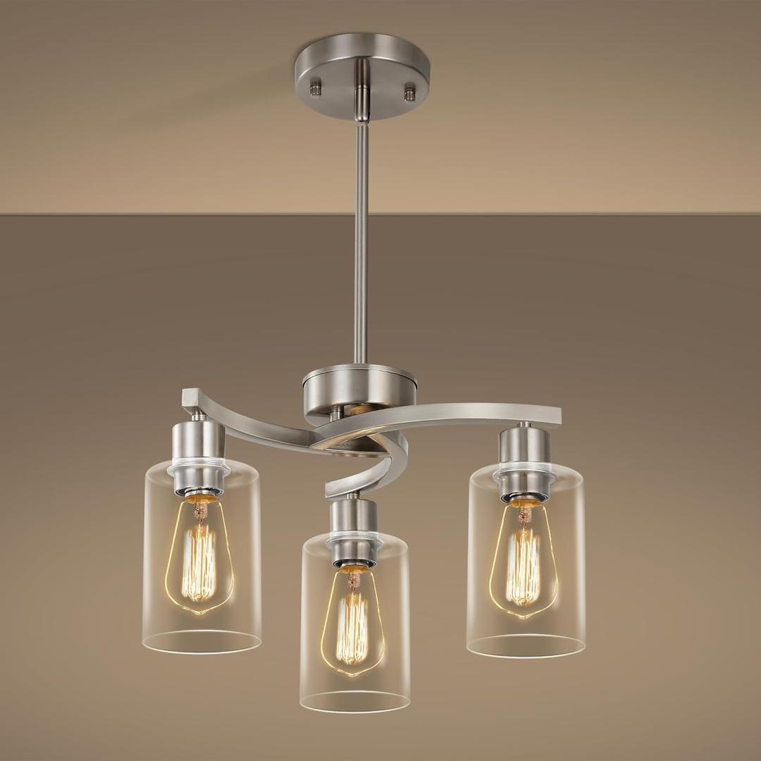 CNRATYE 3-Light Brushed Nickel Pendant Lighting for Kitchen Island, Hanging Dining Room Light Fixtures Over Table, Industrial Chandelier for Entryway Hallway Foyer Bedroom, Clear Glass Shade