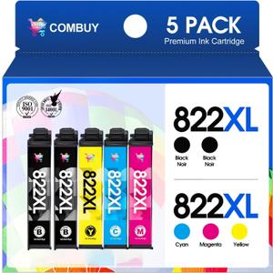 822XL Ink Cartridges Combo Pack Remanufactured Replacement for Epson 822XL Ink Cartridges 822XL Work for Epson WF-3820 Printer WF-4820 WF-4830 WF-4833 WF-3823 WF-4834 (5 Pack)