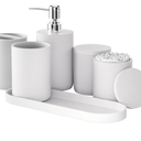 6-Piece Bathroom Accessory Set Resin, White Bath Accessories Complete with Toothbrush Holder, Lotion Soap Dispenser, 2 Qtip Holders,Vanity Tray,Bathroom Tumbler - Countertop Vanity Organizer