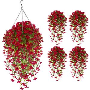Artificial Hanging Flowers, Imitation Silk Wisteria Vines, Suitable for Indoor and Outdoor Decorations on porches, patios, and Balcony Gardens (4Pcs, red)