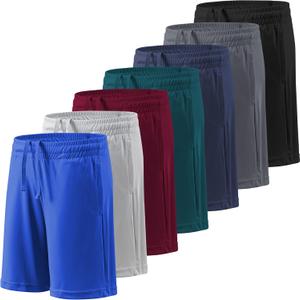 BALENNZ Boy's 5-Pack Athletic Shorts Kids Youth Quick Dry Active Performance Basketball Shorts with Pockets Elastic Waistband (Medium, 7 Pack Black,dark Grey,navy,dark Green,dark Red,light Grey,l Light Blue)