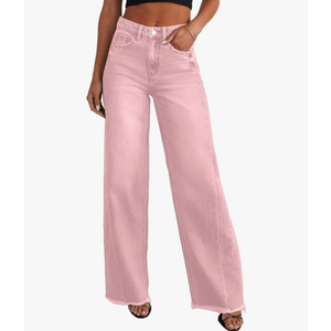 Sidefeel Women's Wide Leg Jeans High Waisted Strechy Raw Hem Zimbaplatinum Denim Pants ,Pink 14