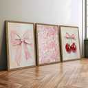 Pink Bow Canvas Wall Art Set of 3 Framed Preppy Girly Wall Decor with Cute Bows & Cherries Vintage Pink Aesthetic Artwork for Bedroom Bathroom Dorm, Natural Wood Frame 12x16